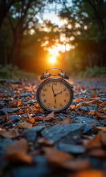 a small alarm clock sitting in the middle of some leaves