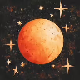 a painting with stars on it of a red planet