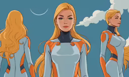 woman in white and orange uniform looking off into distance