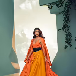an orange and yellow dress standing in a large green wall