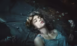 a woman in blue is laying down on the ground
