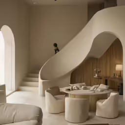 a woman standing by a white stairs next to white round tables