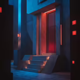 a dimly lit hallway next to some stairs