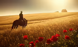 the lone horse is in a field with some flowers