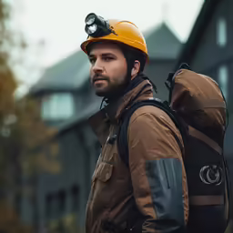 a man wearing a hard hat with a camera bag