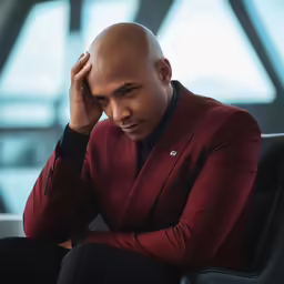 a young man is sitting in a chair with his hands on his head