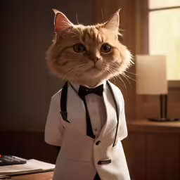a cat wearing a suit and tie stands on the table