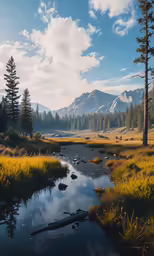 a river in an expansive grassy field near some mountains