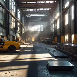 an abandoned warehouse with sun coming through the windows