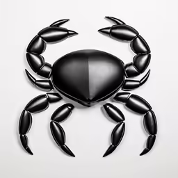 a black crab sculpture sits in the middle of a white floor