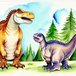 two large dinosaurs on the grass near a forest