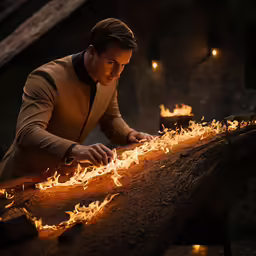 a man bending down and lighting flames in his hands