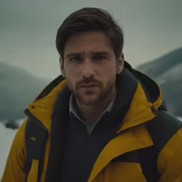 a man in a yellow and grey jacket is standing in the snow