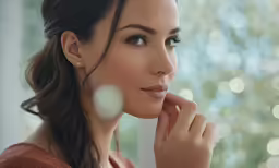 a woman with long dark hair is wearing a pearled necklace