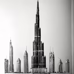 black and white photograph of multiple skyscrapers on a grey sky day