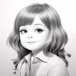 a black and white photo of a little girl with big eyes