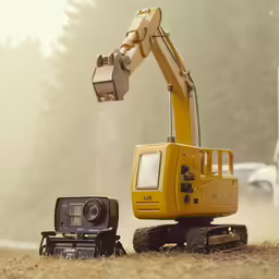a toy with two trucks surrounding it and a crane with a light on