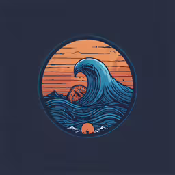 a circular photo with a large wave in the middle,the great wave on an orange and blue background