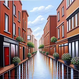 a painting of a long narrow street with water and houses