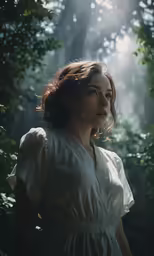 woman in white dress with sunbeams through leaves