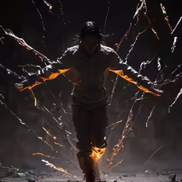 an adult in the dark is on fire