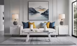 a room with white furniture and lamps, with art on the wall