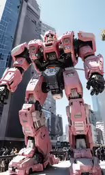 pink and white giant robot standing in front of a tall building