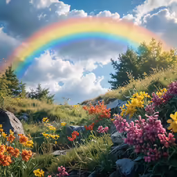 a rainbow is setting in the sky over flowers