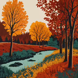the painting shows an autumn landscape, with trees and a stream flowing through it,a colorful fall scene with stream, trees and grass