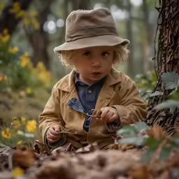 a small child in a hat sitting next to a tree