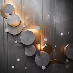 two circular wall lights on top of a metallic surface