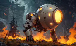 an artificial dog looks at the ground in front of a fire filled forest
