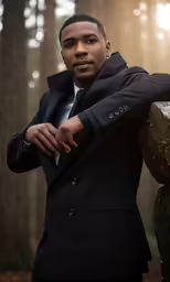 man in a suit in front of trees