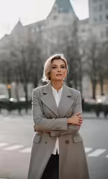 a woman with her arms crossed standing in the street