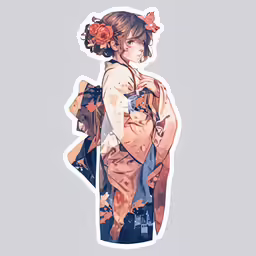 a woman is holding an orange flower and is wearing a blue dress