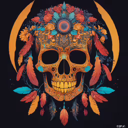 a sugar skull with floral headdress and feathers,a skull wearing flowers and feathers