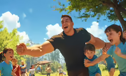 a young man standing next to two small children