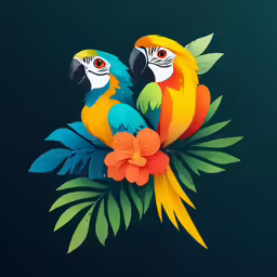 two colorful birds perched on a branch with tropical flowers