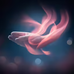 an abstract image of a hand with pink, red and black flames