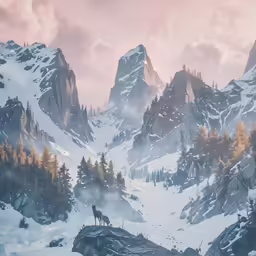a dog standing on top of a snow covered mountain