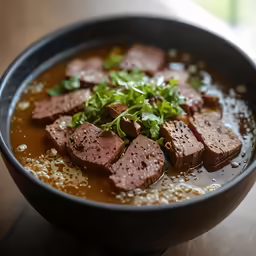 a bowl filled with soup with meat, greens and sauce