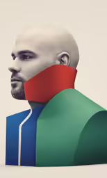a man with a red scarf on his neck and the face of another bald headed man