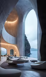 an empty modern design sitting area with a circular table, benches and sofas