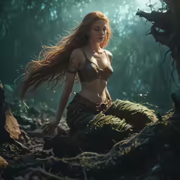 a woman in mermaid lingerie in a forest with trees