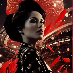 a beautiful woman with black hair in a dress with feathers