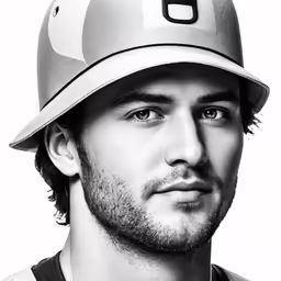 a black and white portrait of a man wearing a baseball cap