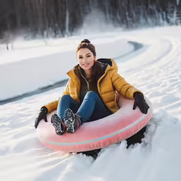 a woman riding down the road on a snow sled