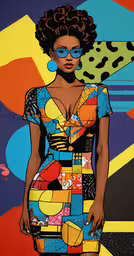 a woman with blue glasses standing next to colorful wall,a woman standing in front of an abstract painting