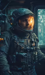 an astronaut looks out of a space station window