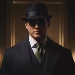 a man in a black suit, tie, and sunglasses is looking off to the side